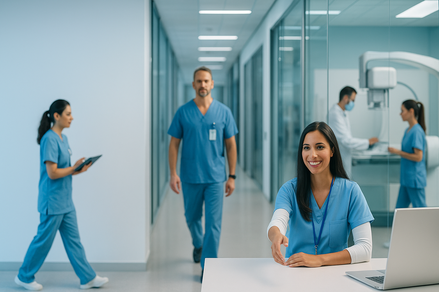 Secrétaire médicale accueillant un patient dans un cabinet médical moderne